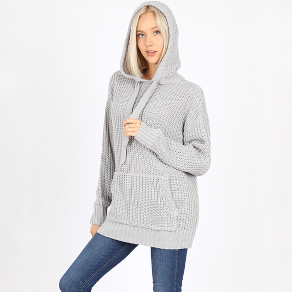 Olive Knit Hooded Sweater with Pockets - Picture 2 of 6